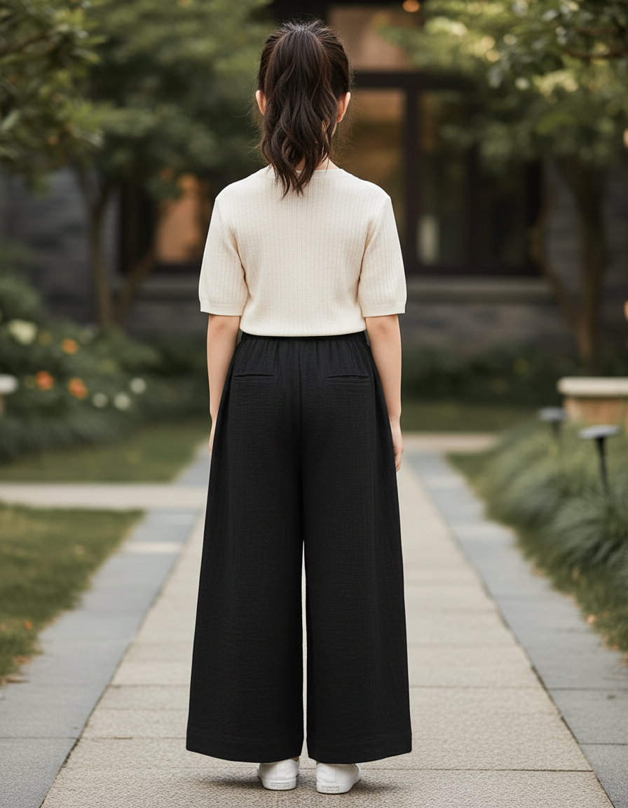 Pantalon En Lin Noir Ample Fluide Confortable Fille - vue 2