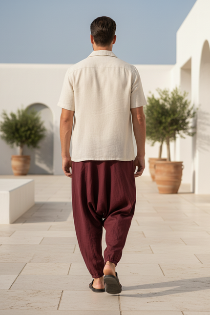 Pantalon En Lin Harem Bordeaux Imprimé Homme Décontracté - vue 2