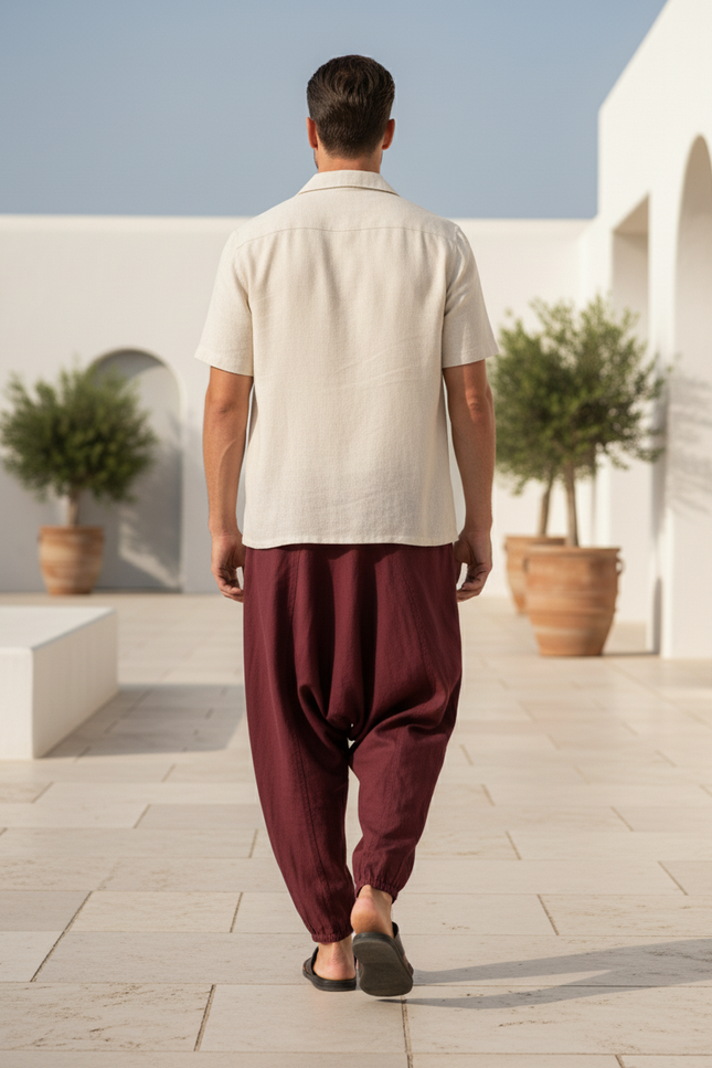 Pantalon En Lin Harem Bordeaux Imprimé Homme Décontracté - vue 2