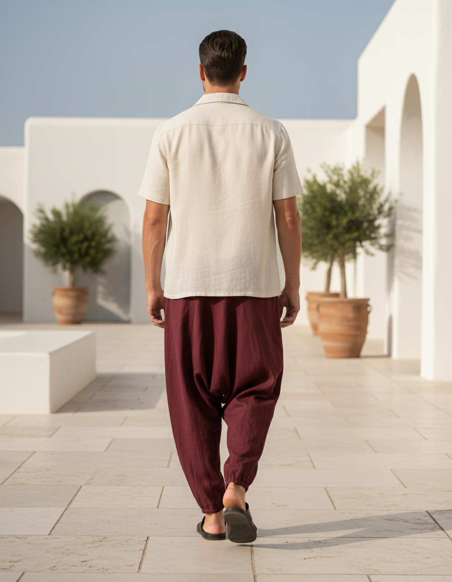 Pantalon En Lin Harem Bordeaux Imprimé Homme Décontracté - vue 2