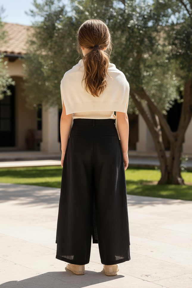 Pantalon En Lin Noir Ample Superposé Fendu Élégant - vue 2