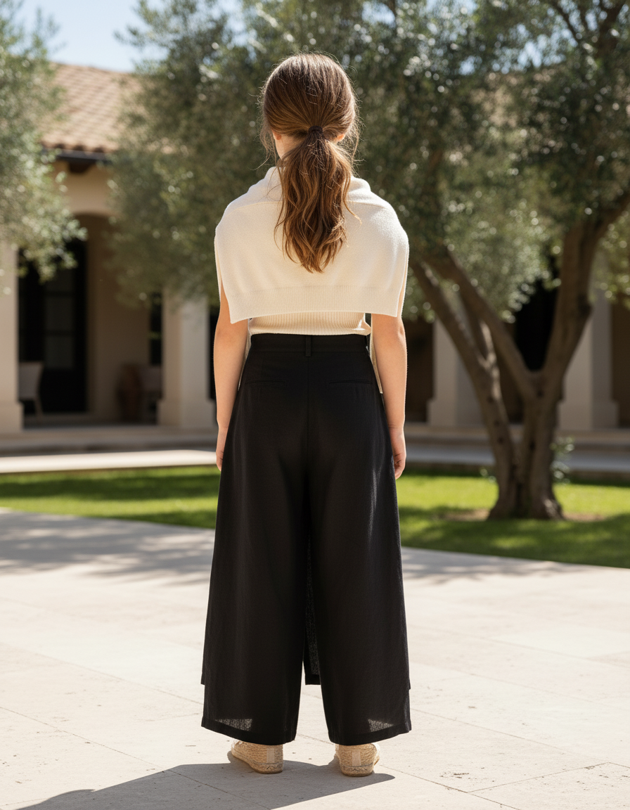 Pantalon En Lin Noir Ample Superposé Fendu Élégant - vue 2