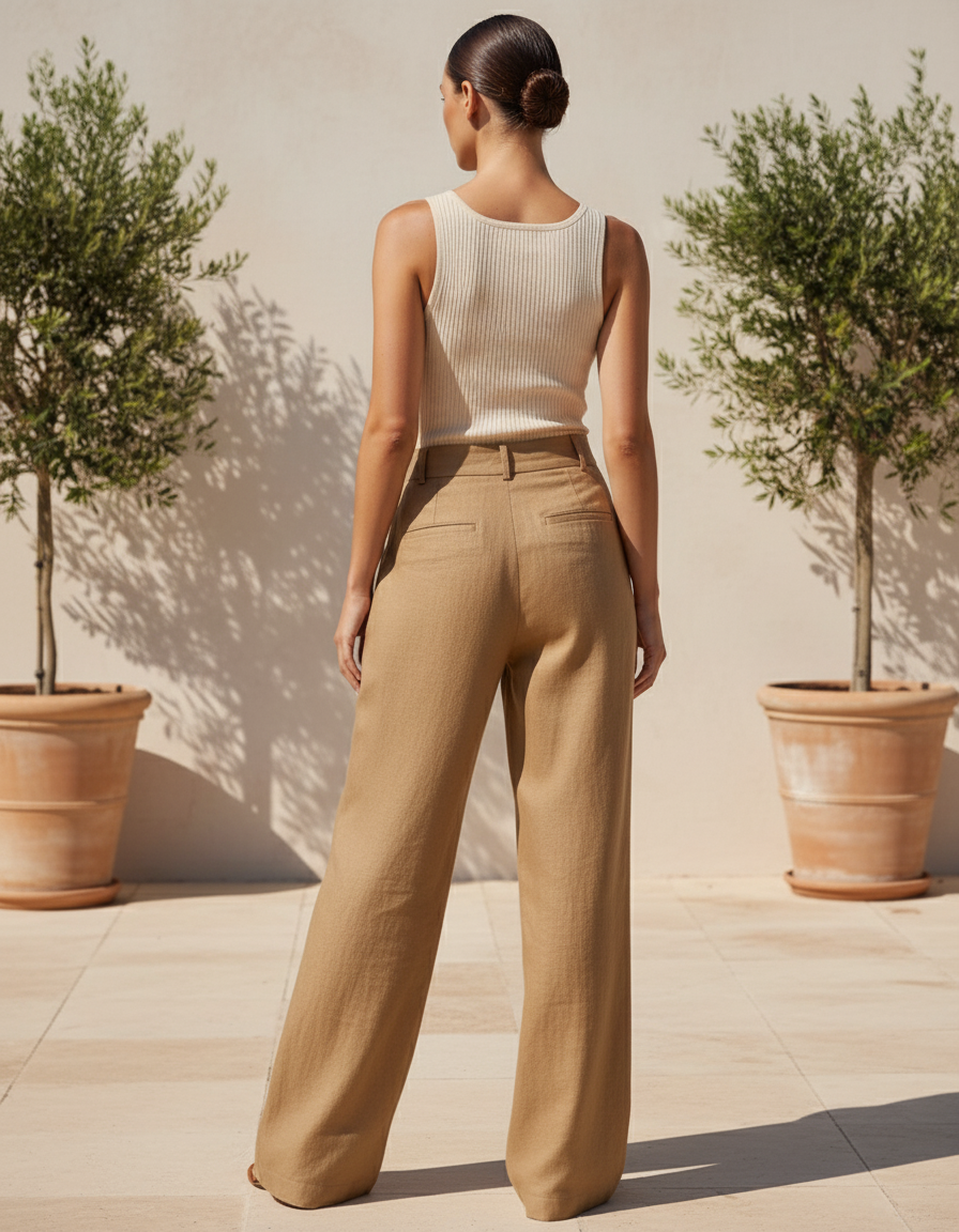 Pantalon En Lin Beige Ample Taille Haute Fluide - vue 2