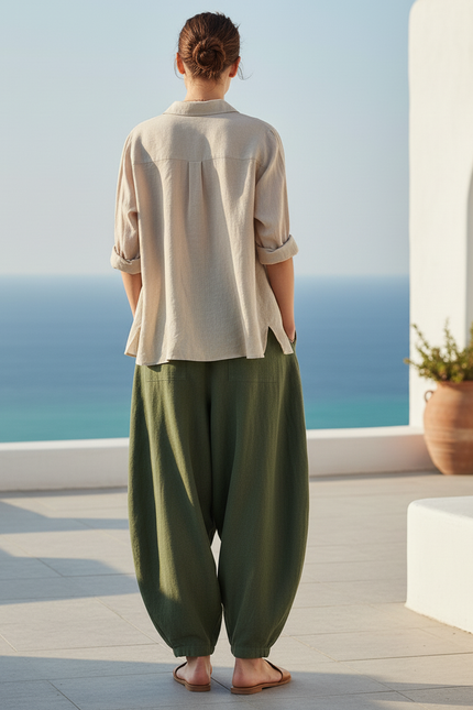 Pantalon En Lin Vert Femme - Kaki - vue 2