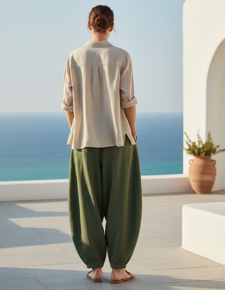Pantalon En Lin Vert Femme - Kaki - vue 2