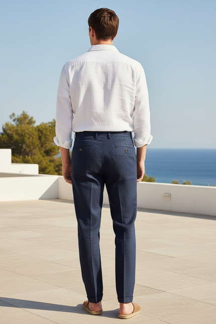 Pantalon En Lin Bleu Marine Plissé Élégant Droit Homme - vue 2