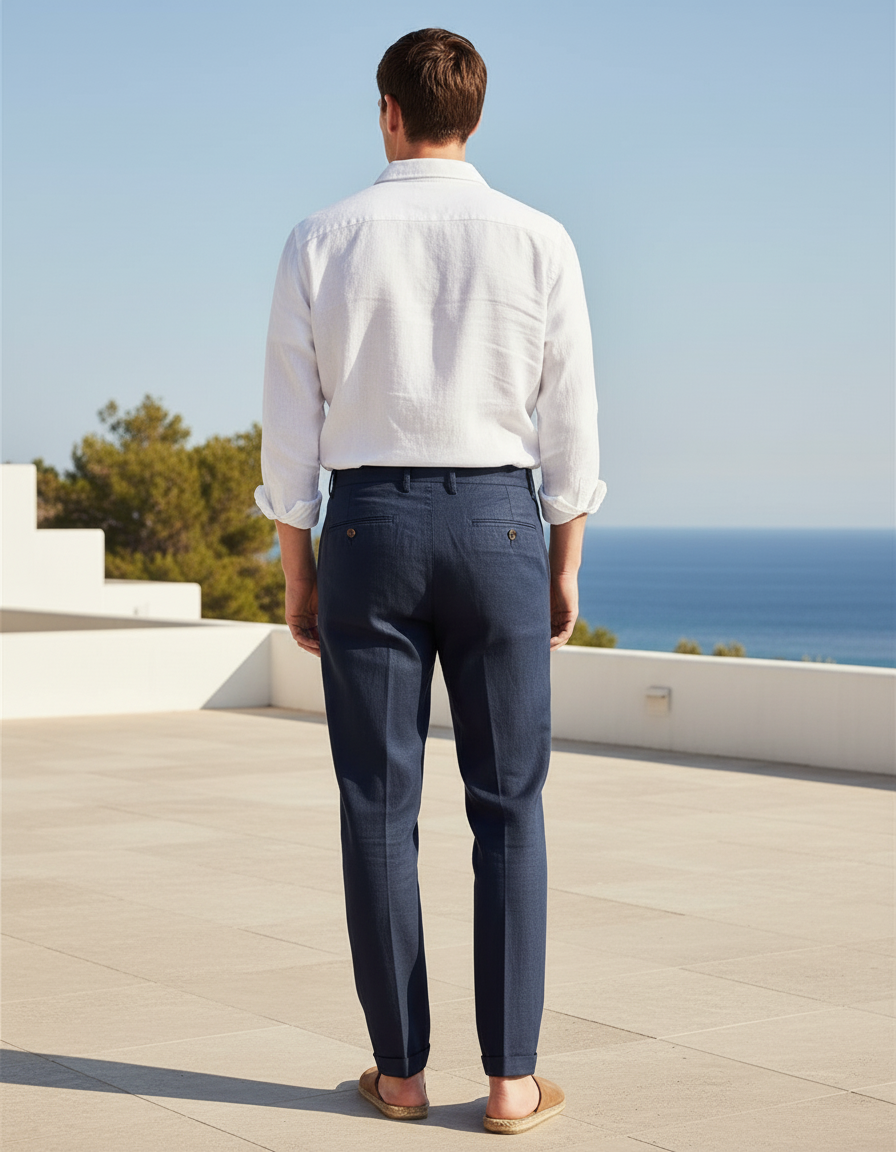 Pantalon En Lin Bleu Marine Plissé Élégant Droit Homme - vue 2