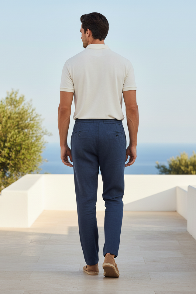 Pantalon En Lin Bleu Marine Cordon Droit Décontracté Homme - vue 2