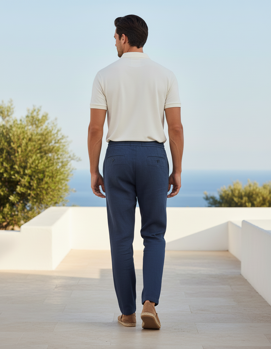 Pantalon En Lin Bleu Marine Cordon Droit Décontracté Homme - vue 2