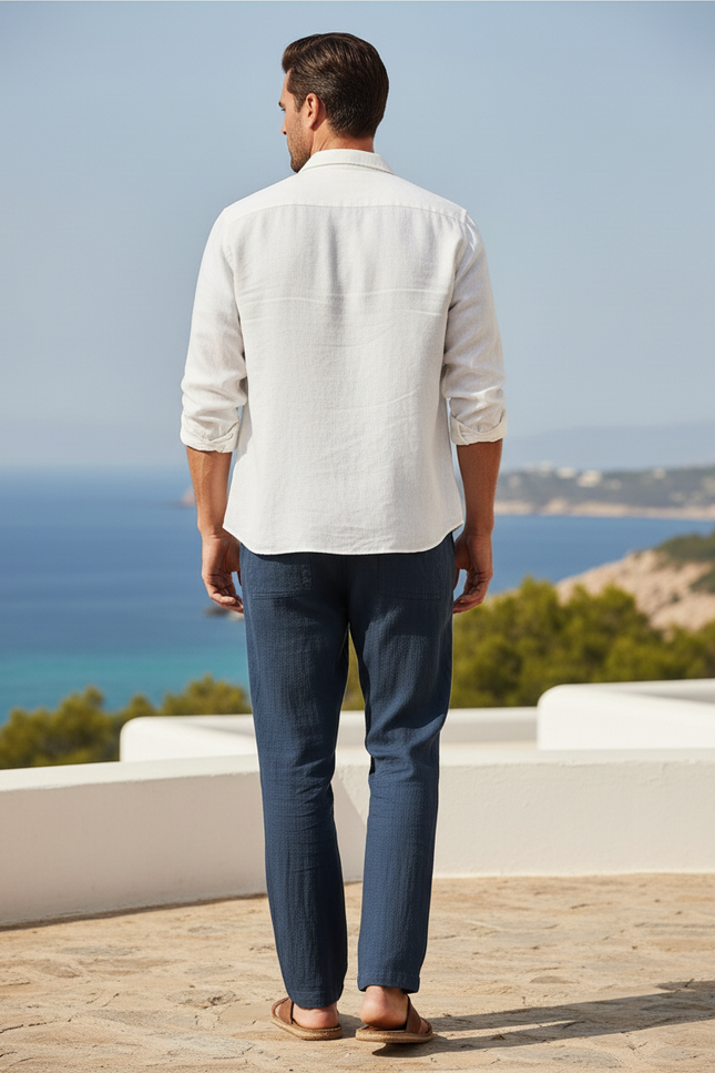 Pantalon En Lin Bleu Marine Droit Décontracté Homme - vue 2
