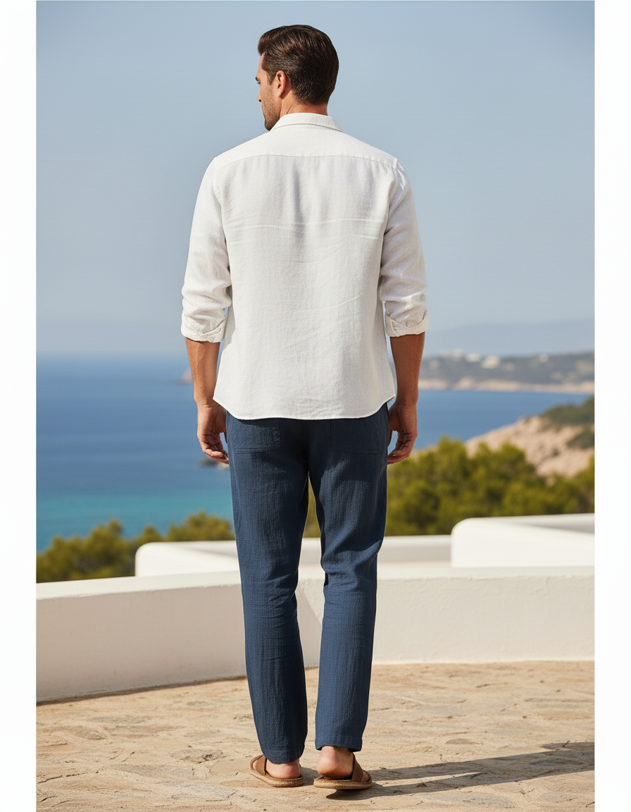 Pantalon En Lin Bleu Marine Droit Décontracté Homme - vue 2