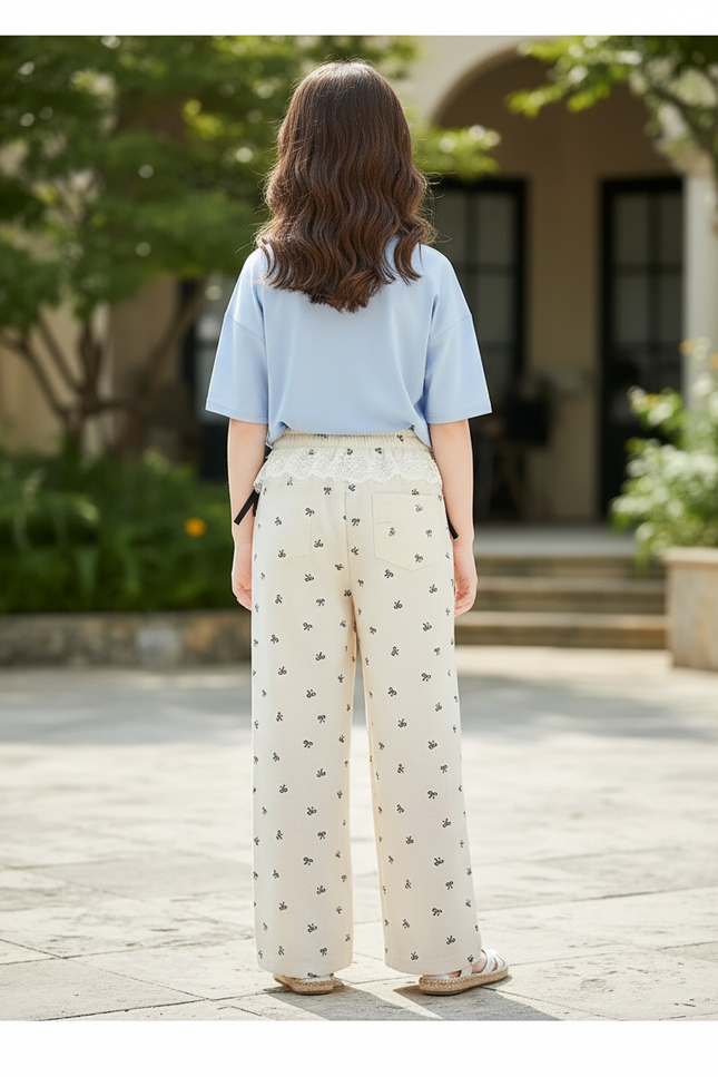 Pantalon En Lin Écru Imprimé Nœuds Ample Fille - Beige - vue 2