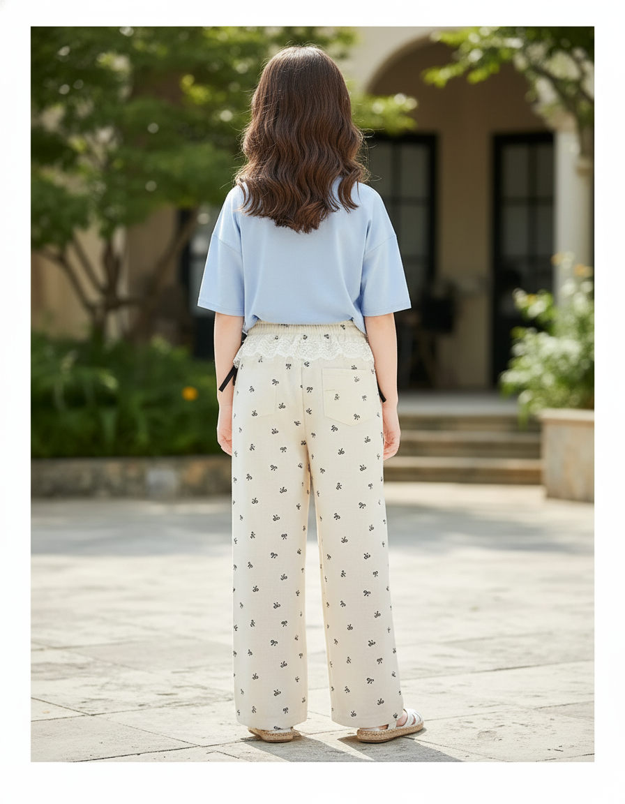 Pantalon En Lin Écru Imprimé Nœuds Ample Fille - Beige - vue 2