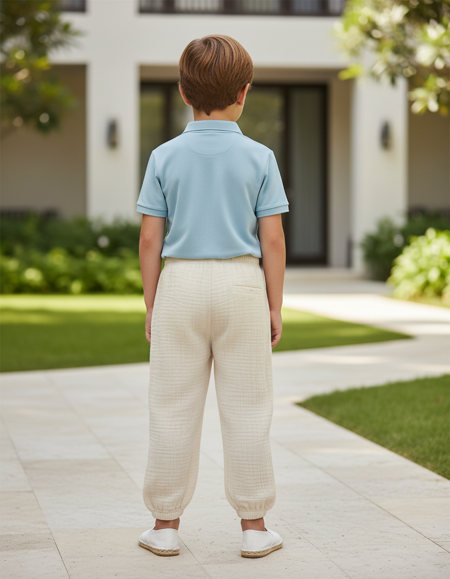 Pantalon En Lin Enfant Crème Ample Décontracté - Beige - vue 2