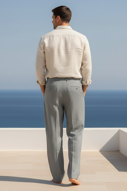 Pantalon En Lin Gris Homme Ample Droit Décontracté - vue 2