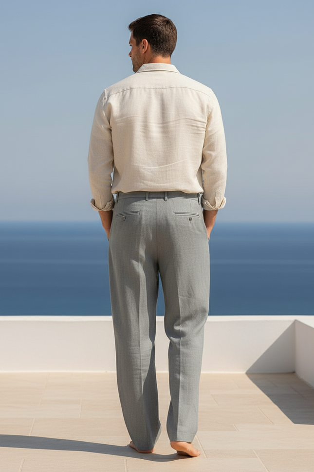 Pantalon En Lin Gris Homme Ample Droit Décontracté - vue 2