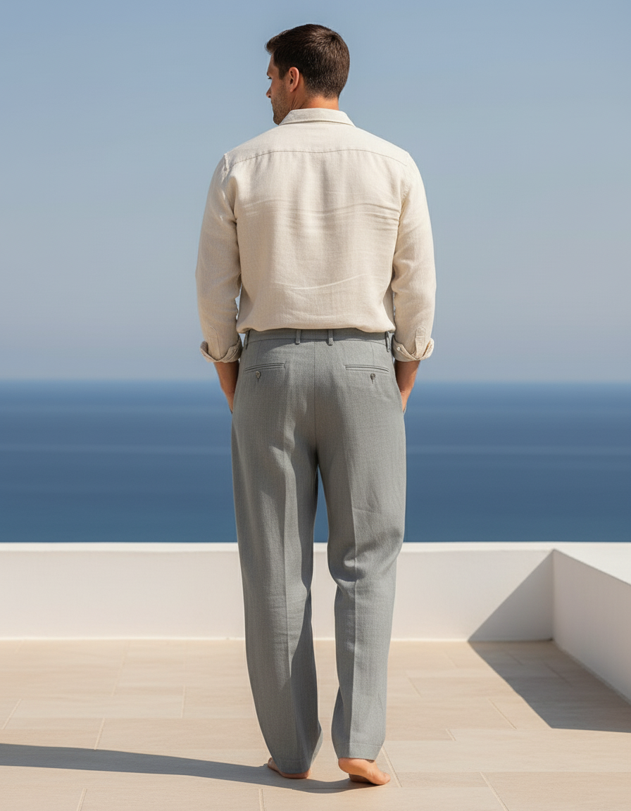 Pantalon En Lin Gris Homme Ample Droit Décontracté - vue 2