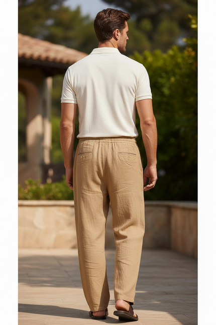 Pantalon En Lin Homme Ample Cordon Décontracté Beige - vue 2