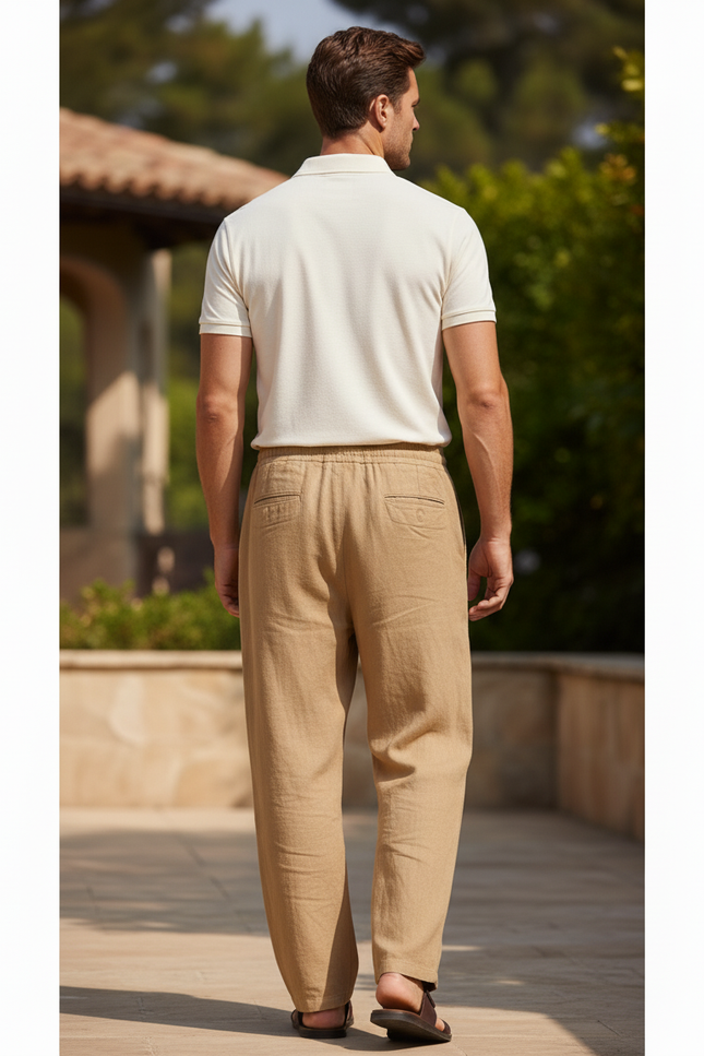 Pantalon En Lin Homme Ample Cordon Décontracté Beige - vue 2