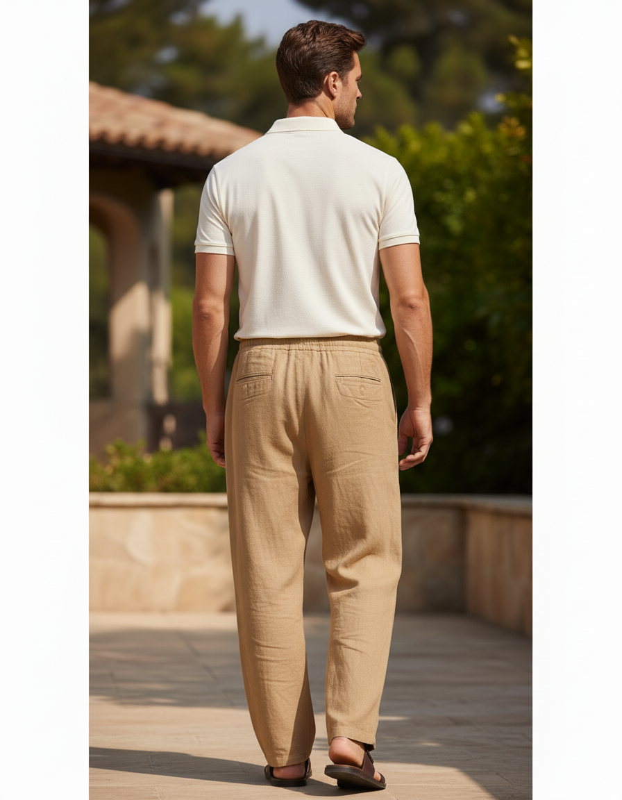 Pantalon En Lin Homme Ample Cordon Décontracté Beige - vue 2