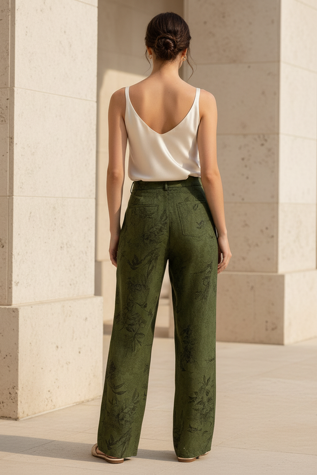 Pantalon En Lin Vert Imprimé Floral Ample Fluide - vue 2