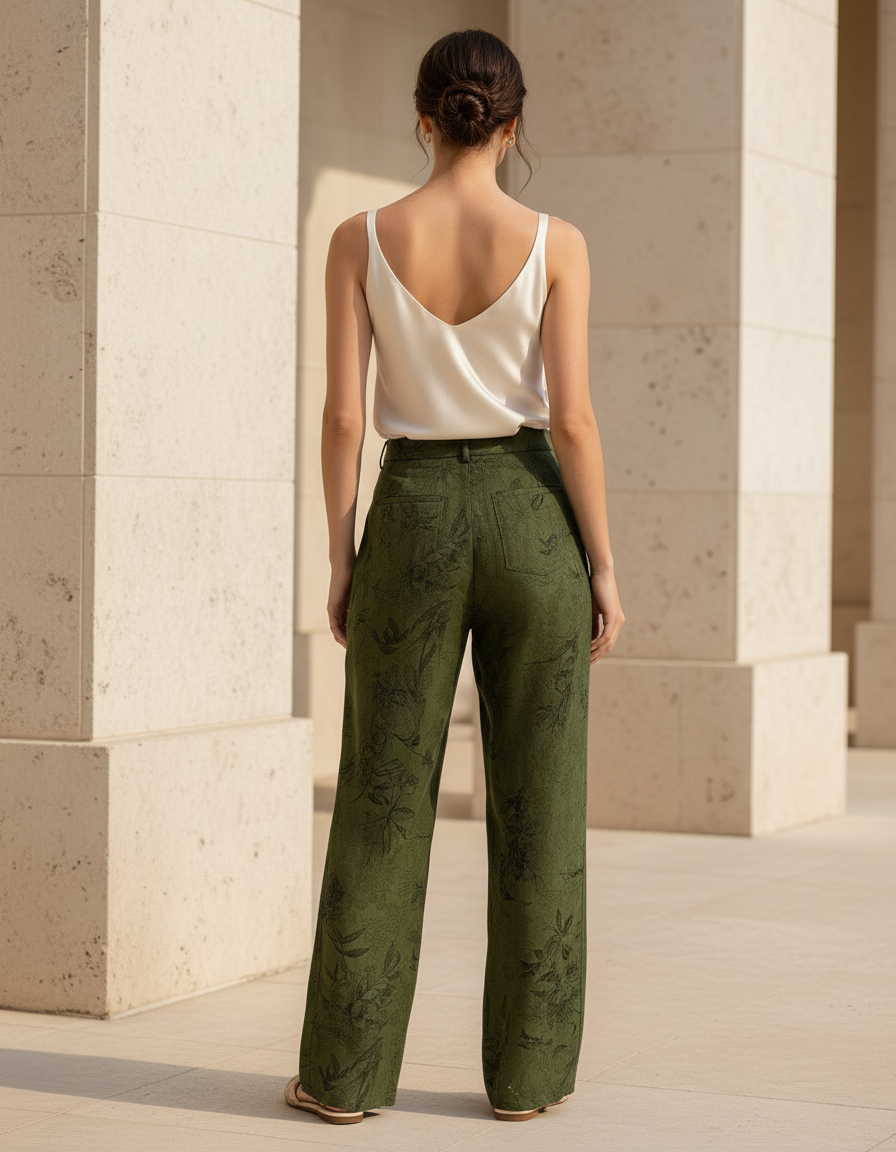 Pantalon En Lin Vert Imprimé Floral Ample Fluide - vue 2