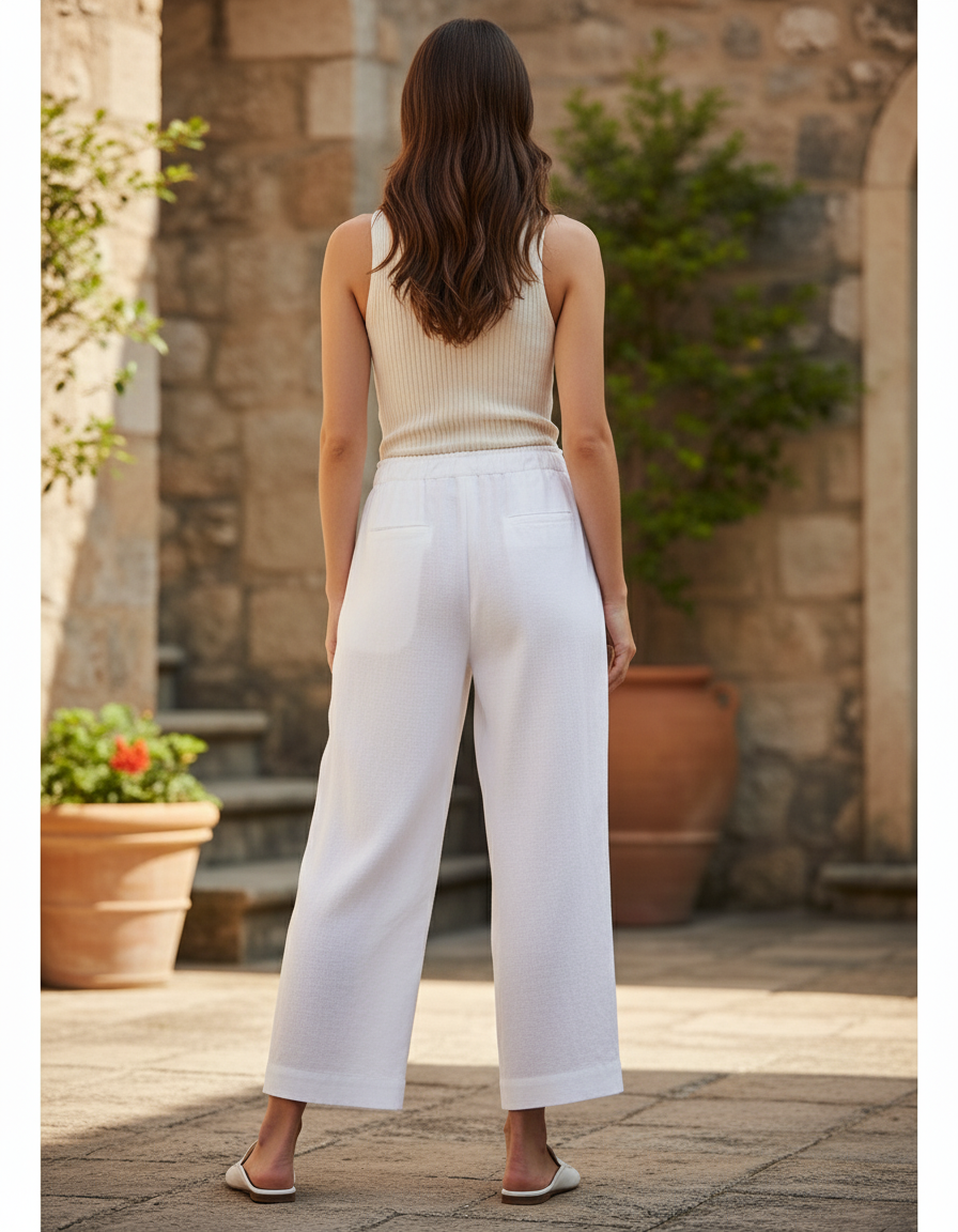 Pantalon En Lin Blanc Ample Fluide Taille Haute - vue 2