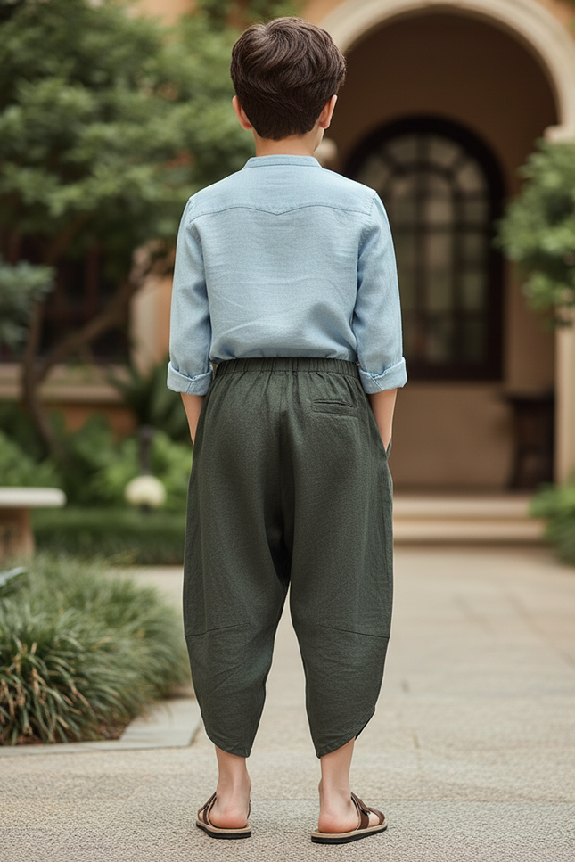 Pantalon En Lin Harem Ample Vert Enfant - vue 2