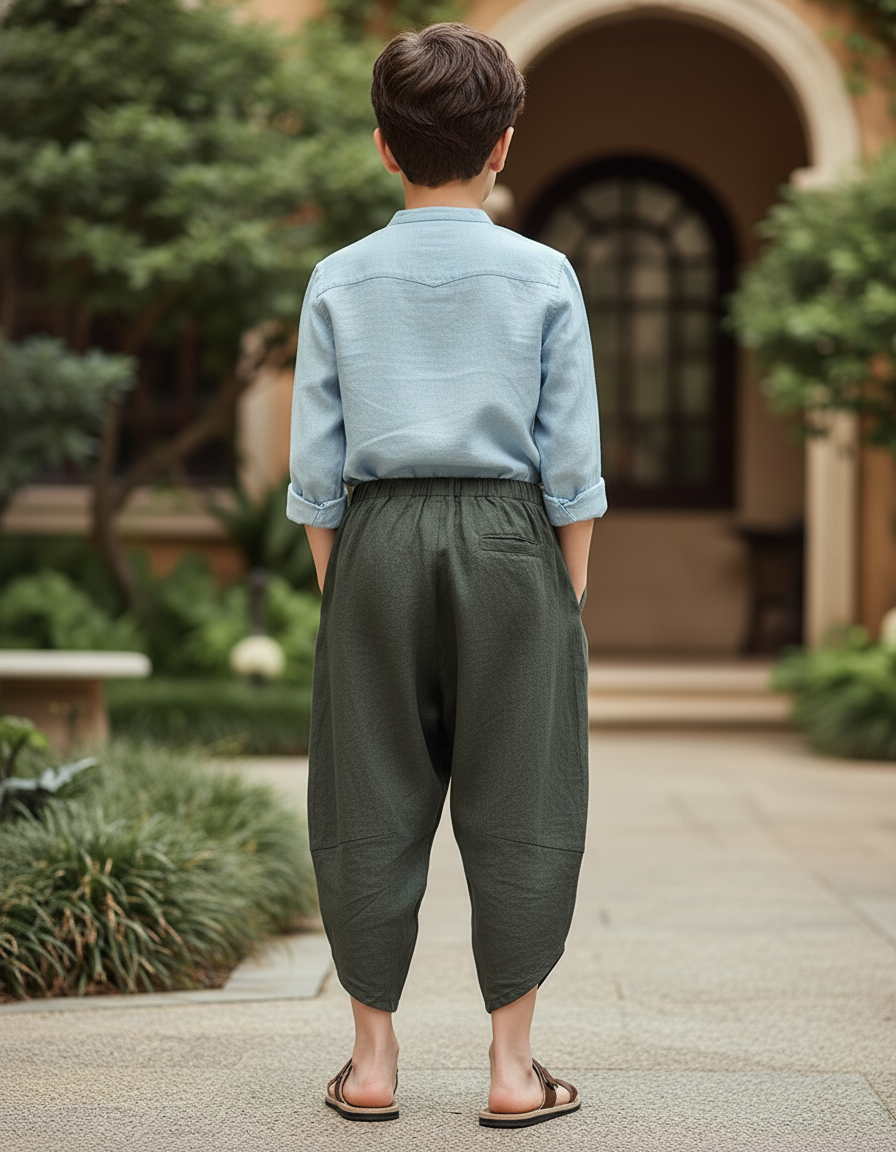 Pantalon En Lin Harem Ample Vert Enfant - vue 2