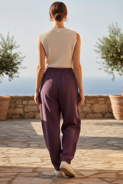 Pantalon En Lin Violet Ample Taille Élastique Femme - vue 2