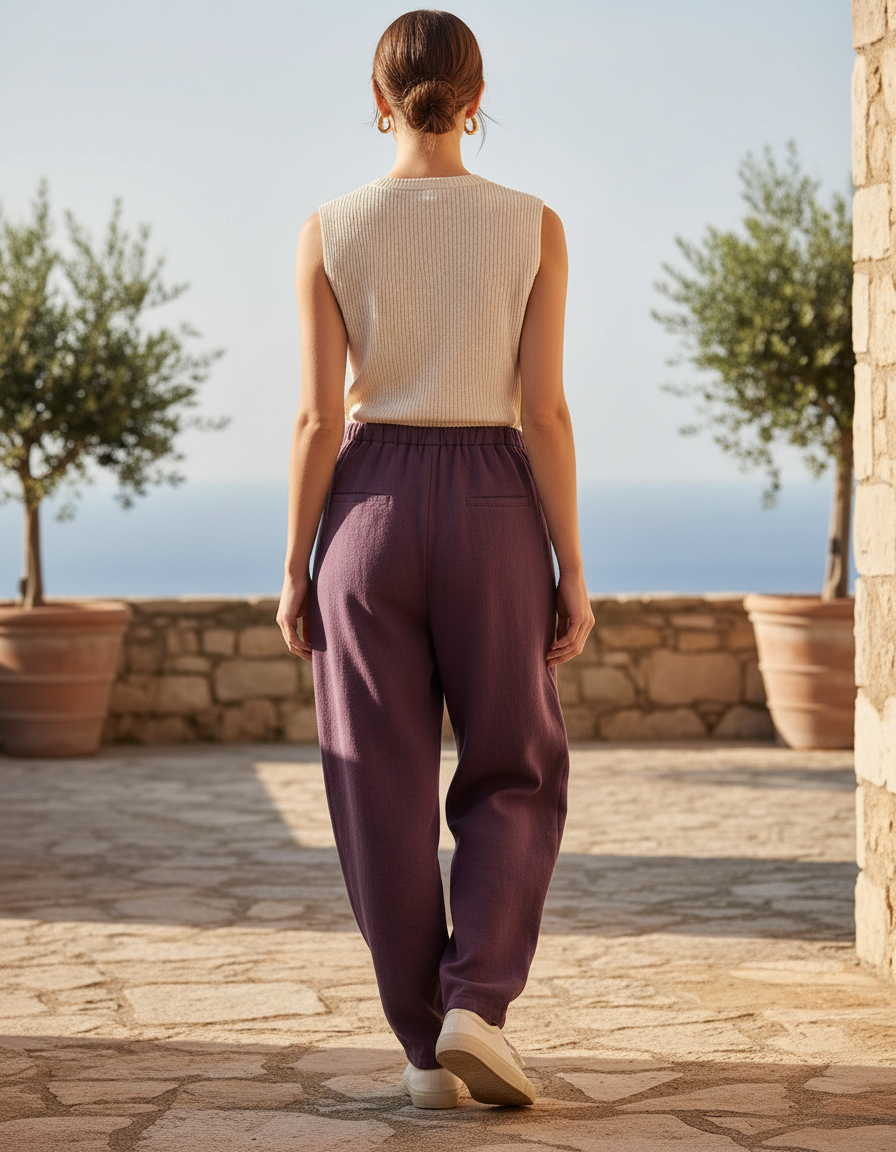 Pantalon En Lin Violet Ample Taille Élastique Femme - vue 2