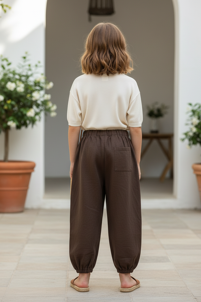 Pantalon En Lin Marron Ample Taille Élastique Confortable - vue 2