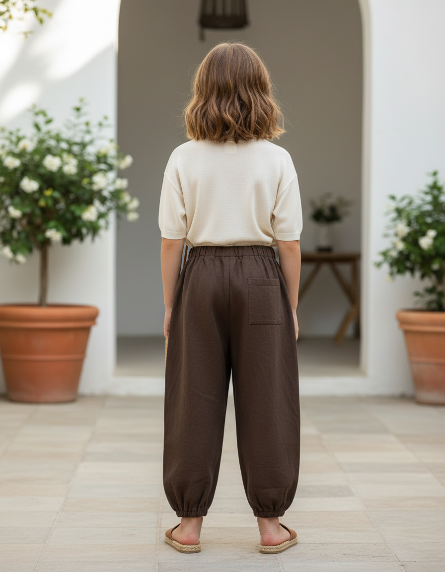 Pantalon En Lin Marron Ample Taille Élastique Confortable - vue 2