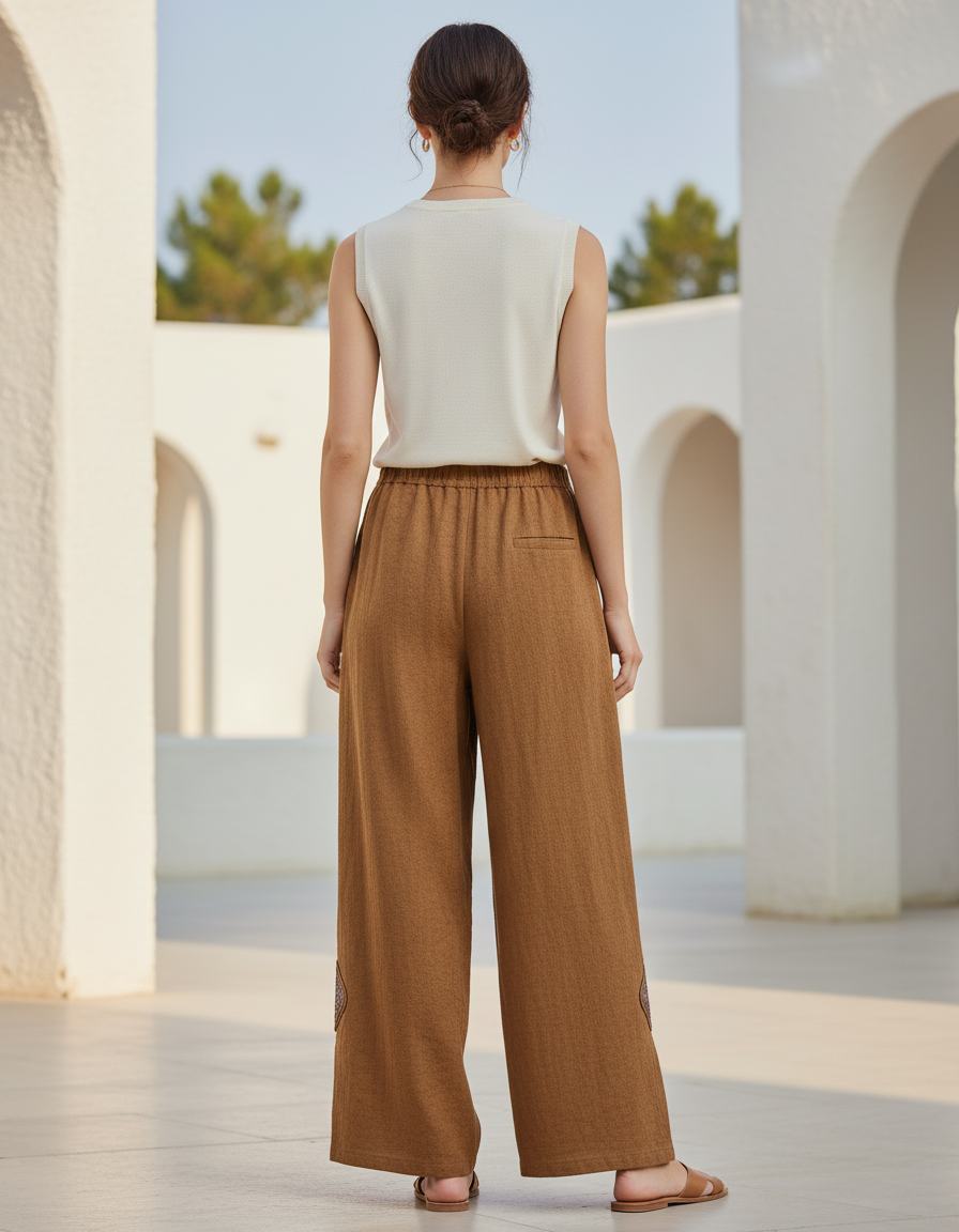 Pantalon En Lin Marron Ample Brodé Fendu Décontracté - vue 2