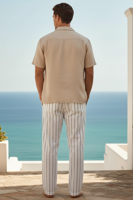 Pantalon En Lin Rayé Ample Confortable Homme - Blanc - vue 2