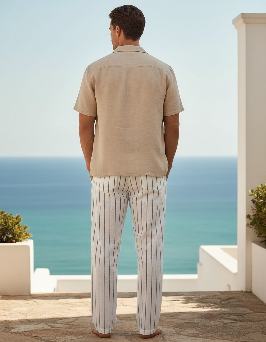 Pantalon En Lin Rayé Ample Confortable Homme - Blanc - vue 2
