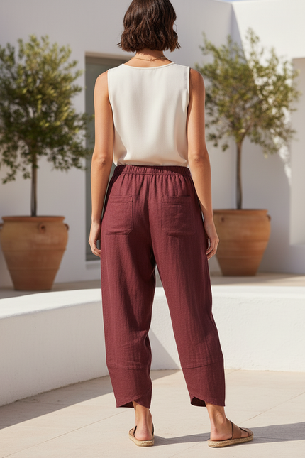 Pantalon En Lin Bordeau Ample Taille Élastique Décontracté Femme - Bordeaux - vue 2