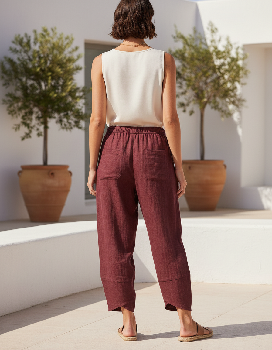 Pantalon En Lin Bordeau Ample Taille Élastique Décontracté Femme - Bordeaux - vue 2
