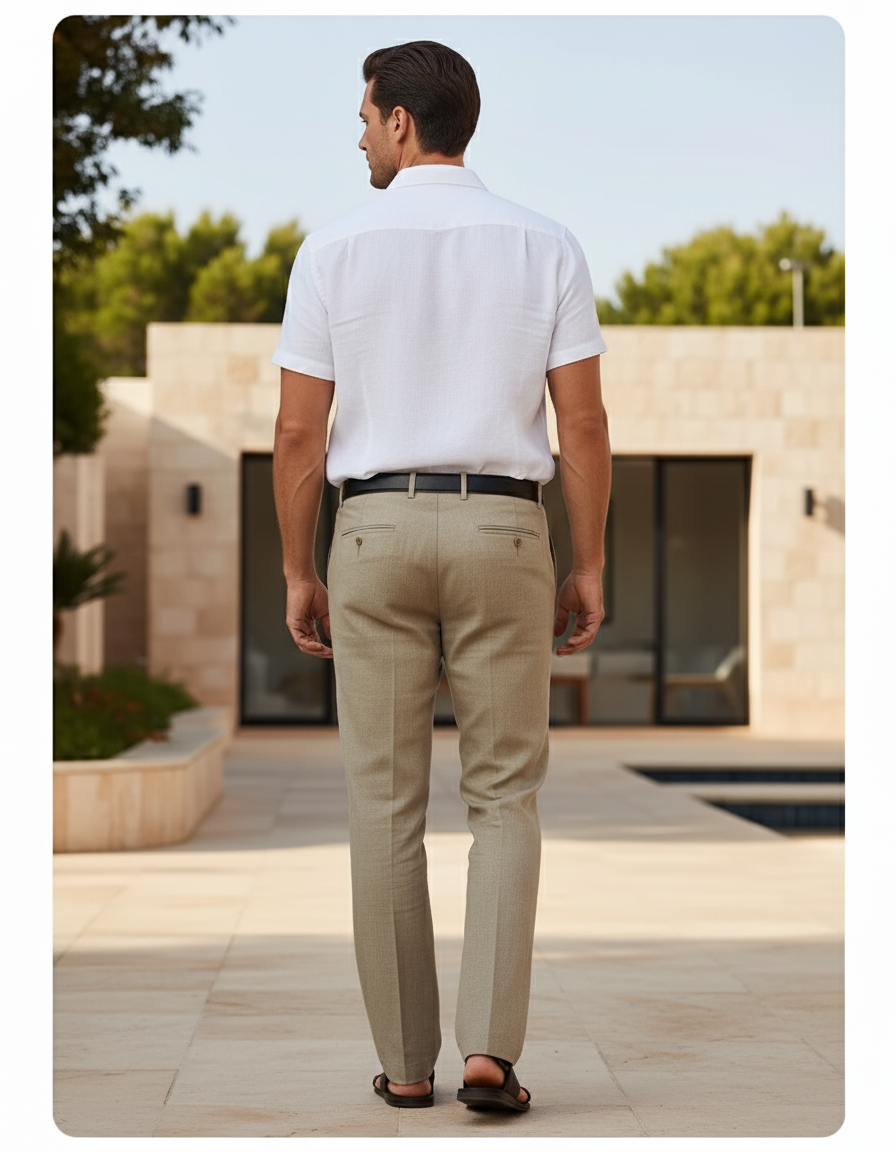 Pantalon En Lin Homme Coupe Droite Élégant Beige Clair - vue 2