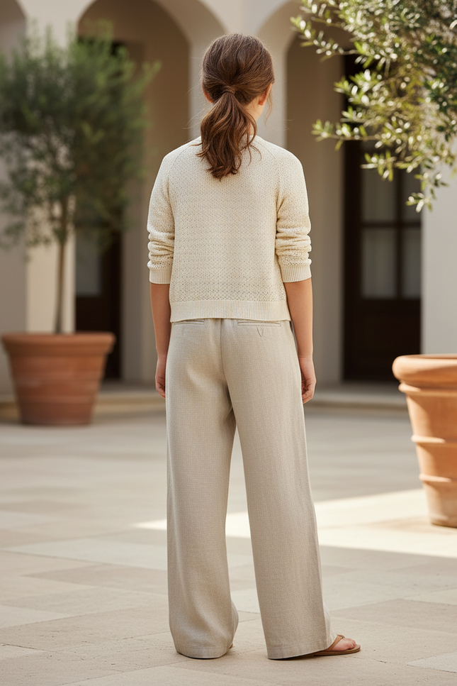 Pantalon En Lin Beige Taille Haute Ample Fluide Fille - vue 2