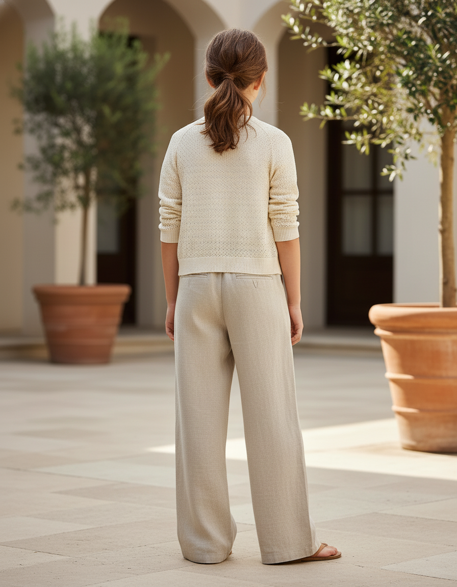 Pantalon En Lin Beige Taille Haute Ample Fluide Fille - vue 2