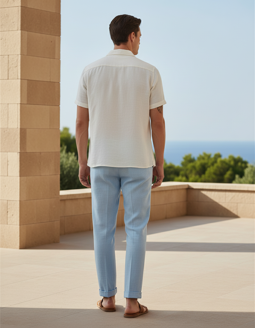 Pantalon En Lin Bleu Ciel Plissé Droit Élégant Homme - vue 2