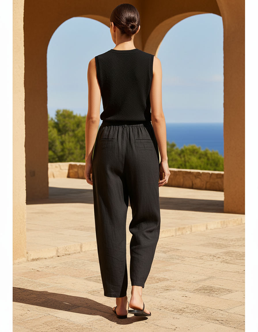 Pantalon En Lin Noir Ample Taille Élastique Femme - vue 2