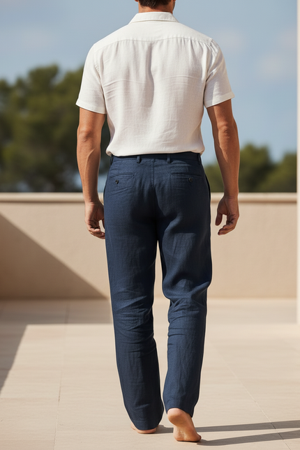 Pantalon En Lin Homme Bleu Marine Ample Droit Décontracté - vue 2