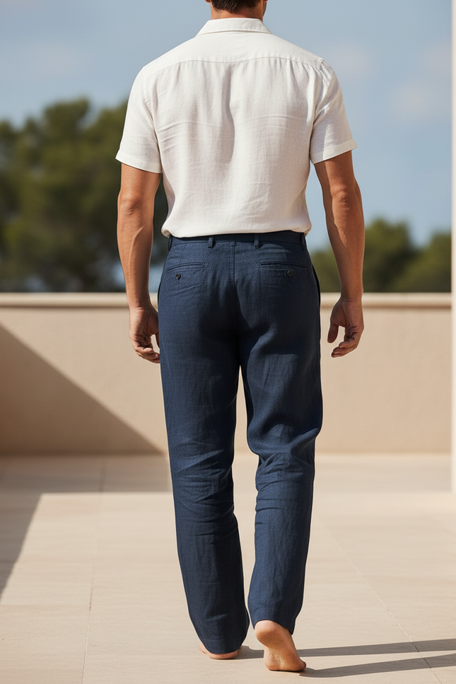 Pantalon En Lin Homme Bleu Marine Ample Droit Décontracté - vue 2