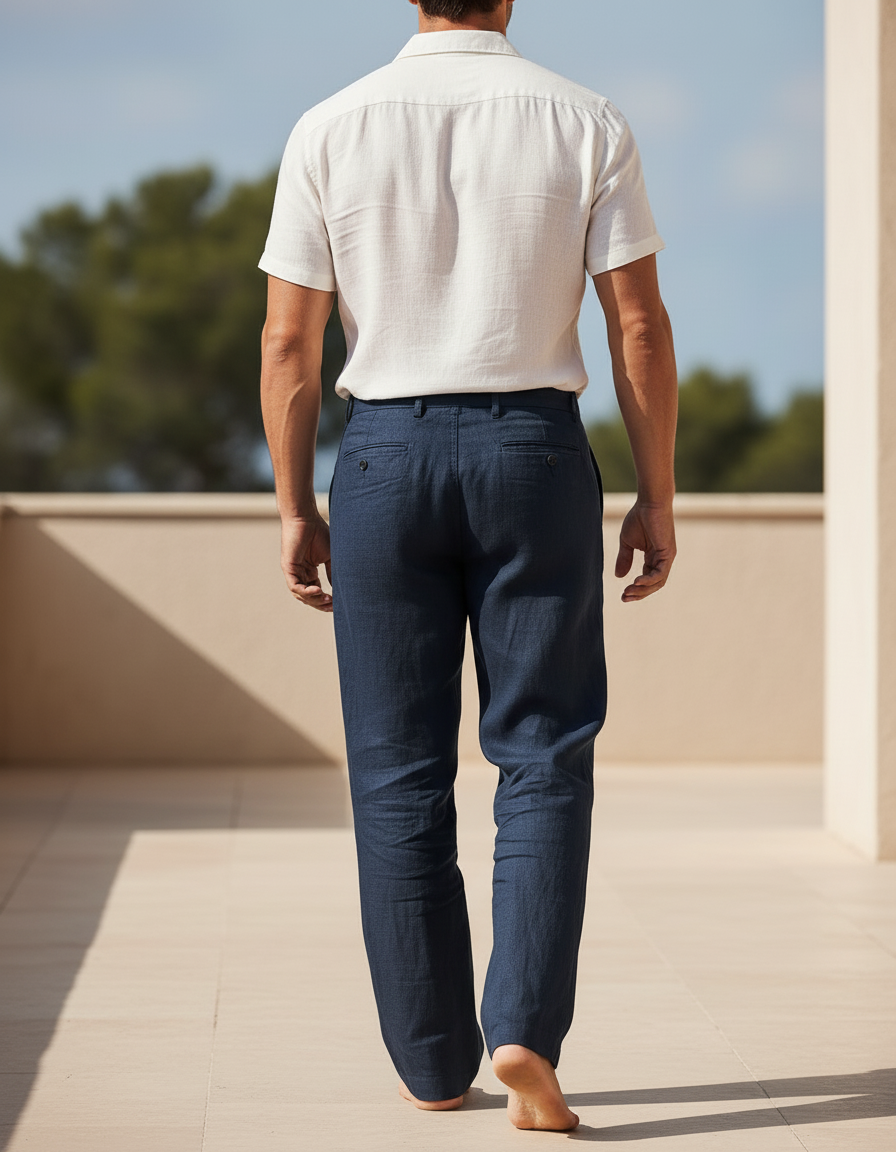 Pantalon En Lin Homme Bleu Marine Ample Droit Décontracté - vue 2