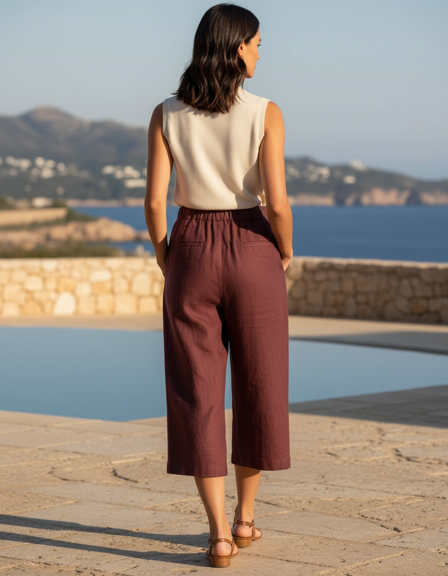 Pantalon En Lin Ample Fluide Taille Élastique Marron Femme - Bordeaux - vue 2