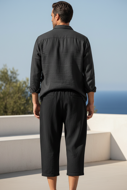 Pantalon En Lin Noir Ample Court Décontracté Homme - vue 2