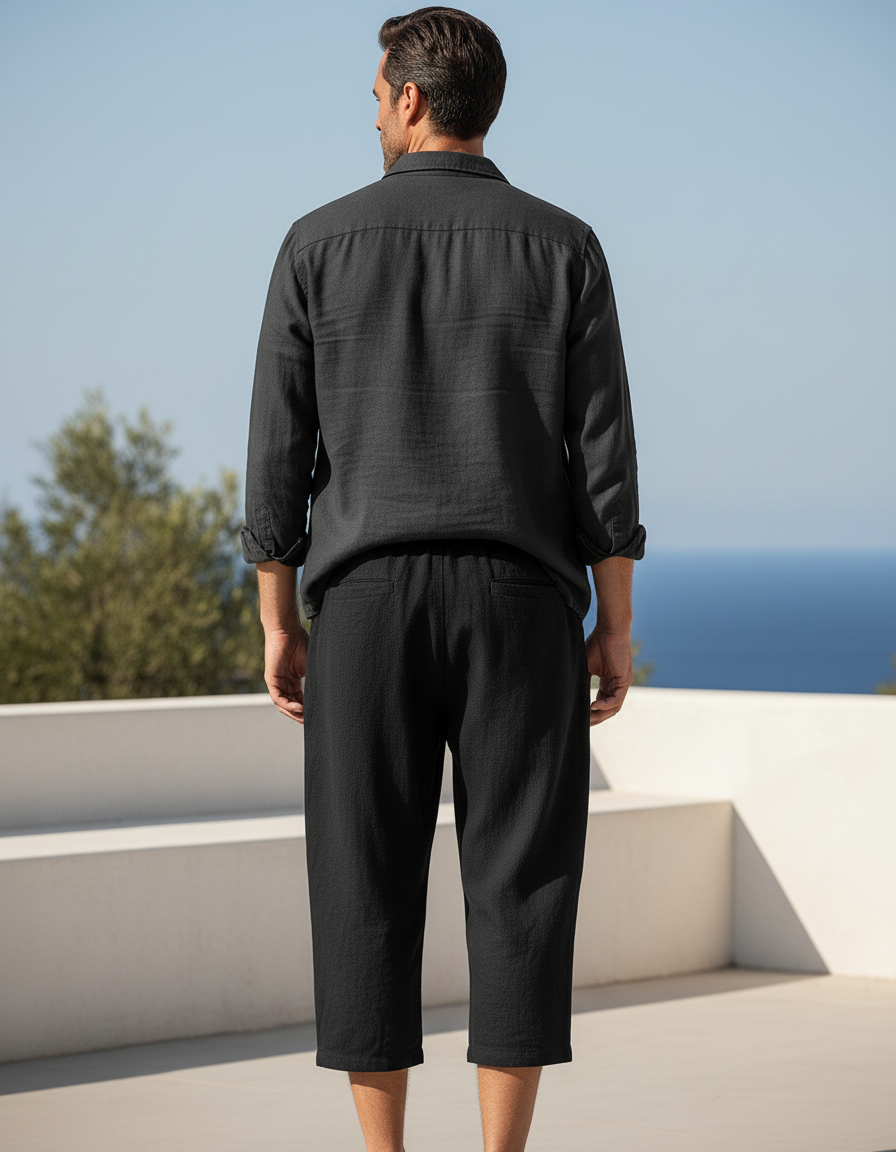 Pantalon En Lin Noir Ample Court Décontracté Homme - vue 2