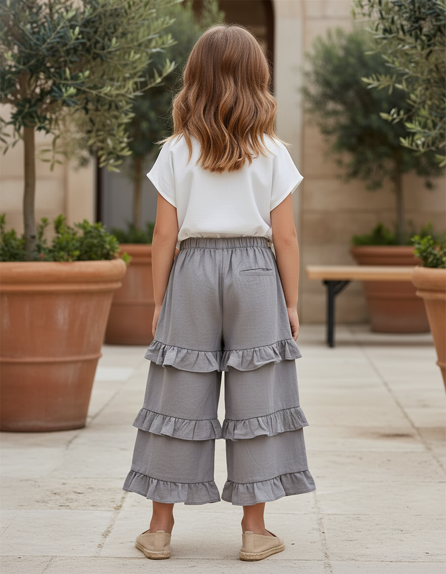 Pantalon En Lin Gris Volants Fille Confortable - vue 2